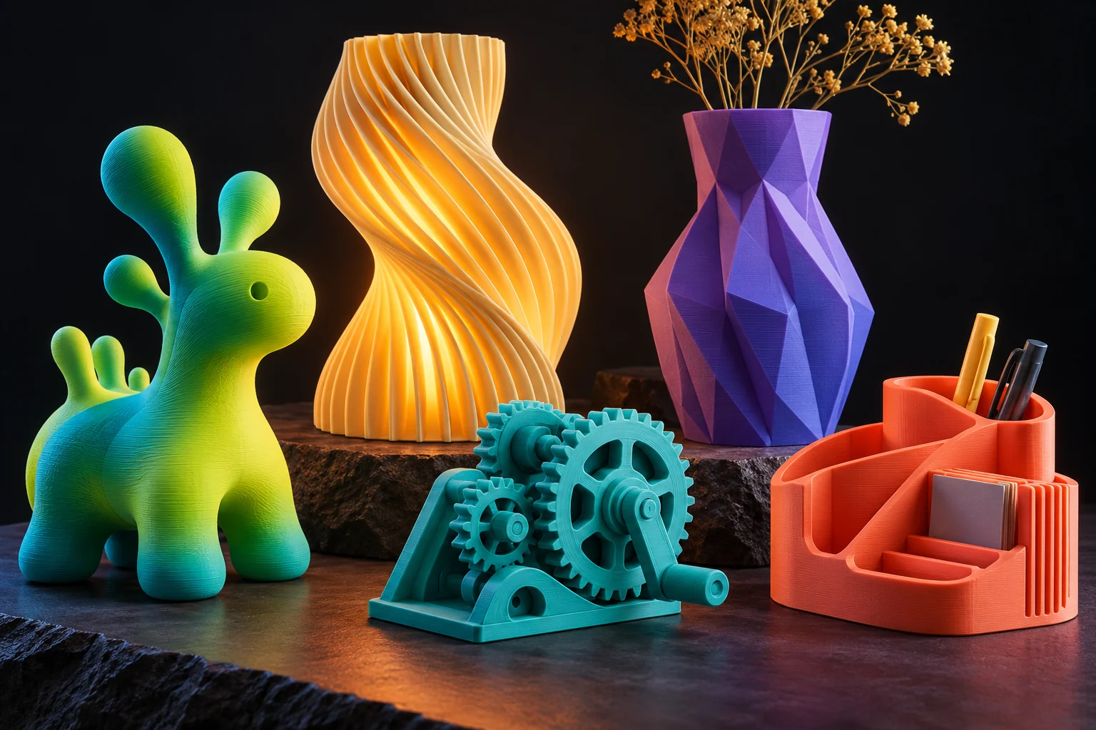 Conceptos de impresión 3D en colores vivos: figuras, lámpara, florero, organizador y engranajes