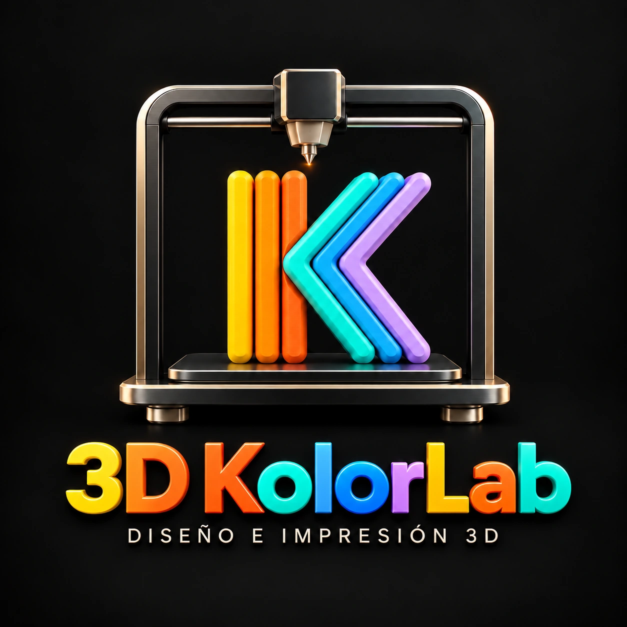 3D KolorLab — Diseño e impresión 3D. Logo con impresora y letras multicolor.